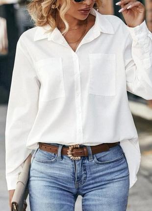 Белая рубашка оверсайз с двумя карманами и разрезами по бокам, женская (блуза с приспущенными плечами), 42-44