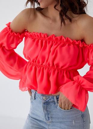 Жіноча укорочена блузка із шифону — рожевий колір, s (є розміри)4 фото
