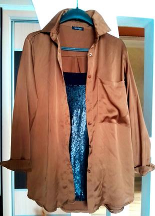 Рубашка сатин женская, рубашка оверсайз с карманом