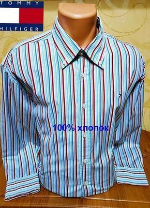 Стильная хлопковая рубашка класса премиум в яркую полоску американского бренда tommy hilfiger1 фото