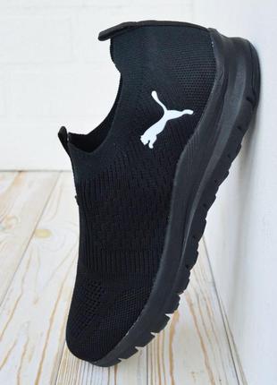 Чорні чоловічі кросівки puma мокасини з білим значком на сітці, літній варіант пума8 фото