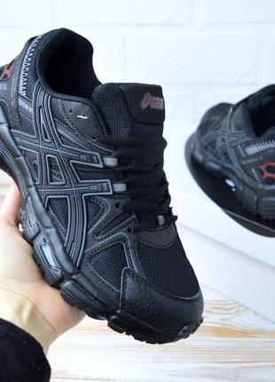 Крутые черные мужские кроссы asics gel-kahana 8  натуральная кожа с текстилем в черном цвете топ модель весны, лета асикс7 фото