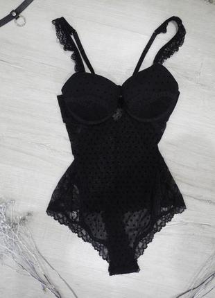 Шикарный черный кружевной сетчатый бодик 38/m 75b с пуш-ап от бренда h&m💖