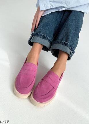 Рожеві жіночі лофери туфлі з натуральної замші4 фото
