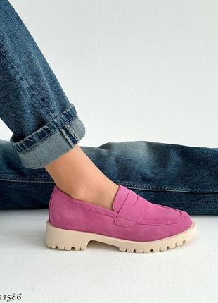 Рожеві жіночі лофери туфлі з натуральної замші3 фото