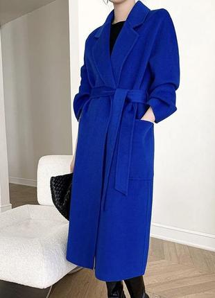 Стильное натуральное длинное яркое синее пальто халат с разрезами zara 36/s8 фото