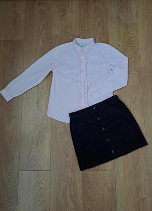 Набор в школу для девочки/нарядная рубашка с длинным рукавом/блузка/черная вельветовая юбка для девочки1 фото