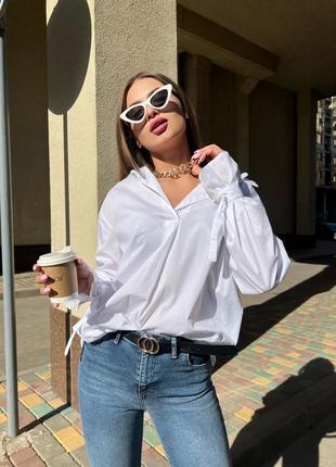 Стильна трендова сорочка оверсайз рубашка з довгими рукавами і завʼязками на руках котон