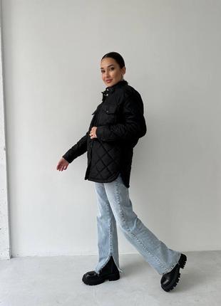 Куртка-сорочка жіноча стьобана з поясом плащівка s-xl чорний4 фото