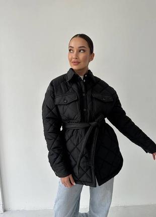 Куртка-рубашка женская стеганная с поясом плащевка s-xl черный5 фото