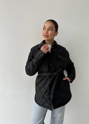 Куртка-сорочка жіноча стьобана з поясом плащівка s-xl чорний6 фото