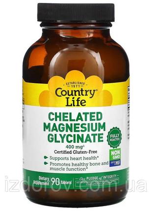 Хелатний гліцинат магнію 400 мг country life chelated magnesium glycinate 90 таблеток1 фото