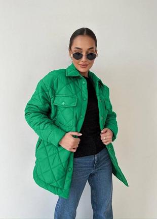 Куртка-рубашка женская стеганная с поясом плащевка s-xl трава (зеленый)3 фото