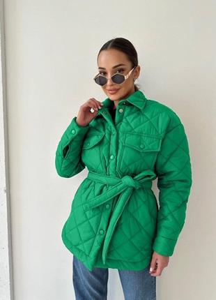 Куртка-рубашка женская стеганная с поясом плащевка s-xl трава (зеленый)1 фото