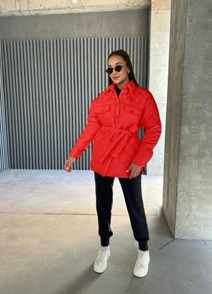 Куртка-рубашка женская стеганная с поясом плащевка s-xl красный1 фото