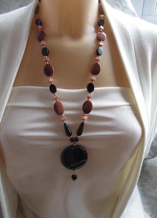 Кольє чорний агат, авантюрин, гематит золотистий