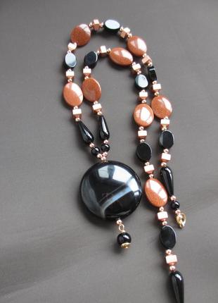 Кольє чорний агат, авантюрин, гематит золотистий6 фото