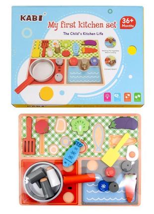 Игрушка развивающая деревянная кухня, свет, продукты, набор посуды, sl-413-571 фото