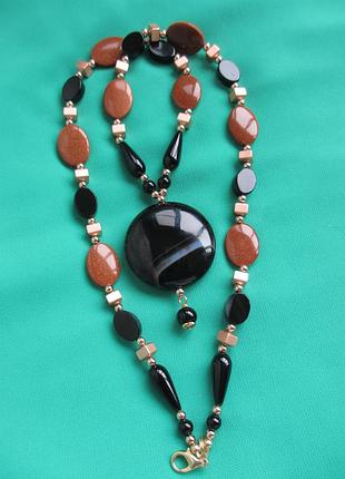 Кольє чорний агат, авантюрин, гематит золотистий5 фото