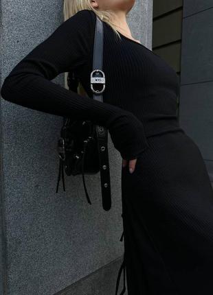 Силуетна чорна сукня міді із шнурівкою на талії трикотаж мустанг рубчик xs s m l 42 44 464 фото
