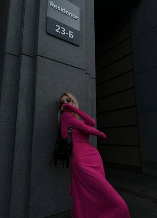 Малиновое яркое платье миди с шнуровкой на спине трикотаж мустанг рубчик 42 44 46 🩷 платье миди цвет фуксия розовый xs s m l4 фото