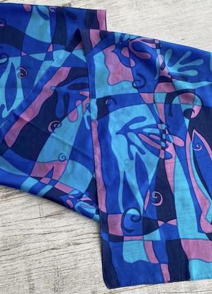 Яскравий шарф натуральний шовк морська тематика риби водорості рифи синій шовк1 фото