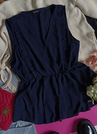 Брендовая синяя шифоновая блузка на запах с оборкой3 фото