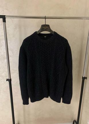 Вязаный свитер шерстяной uniqlo джемпер темно серый