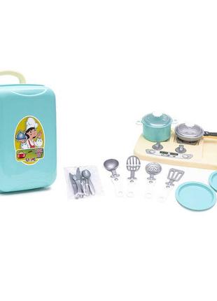 Кухня дитяча 121 в.2 "orion", варильна поверхня, посуд, у валізі 1 віт — колір бірюза