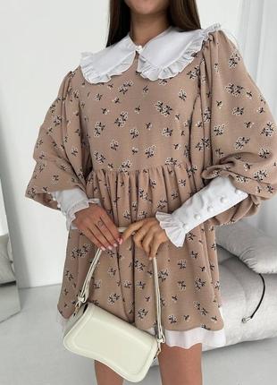 Платье свободного кроя с объемными рукавами и со съемным воротничком и манжетами5 фото