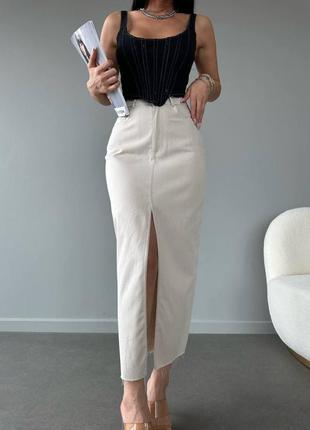 Трендовая юбка миди бенгалин джинс джинсовая с высокой посадкой по фигуре с разрезом спереди7 фото