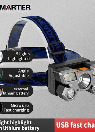 Перезаряжаемый налобный фонарь microusb, 5 светодиодов, портативный фонарик со встроенным аккумулято4 фото