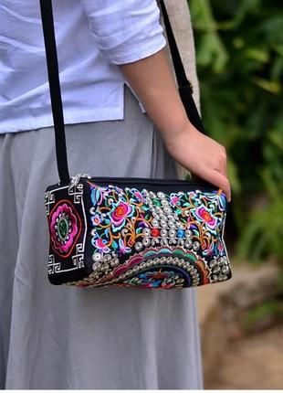 Стильная этно сумка с украинским орнаментом, женская сумочка из ткани с вышивкой