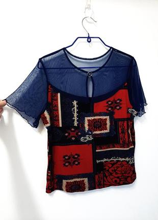 H&m кофточка синяя/красная трикотаж/эластан короткие рукава на лето женская футболка 34 (р44-46)