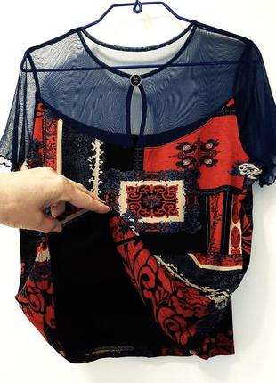 H&m кофточка синяя/красная трикотаж/эластан короткие рукава на лето женская футболка 34 (р44-46)4 фото