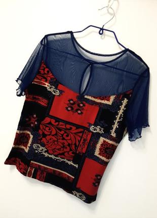 H&m чудова кофточка синя/червона трикотаж/еластан короткі рукави на літо жіноча футболка 34 (р44-46)7 фото