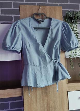 Primark блуза на запах, блуза з баскою, ніжна вінтажний стиль, рубашка з коротким рукавом льон, рукав волан1 фото