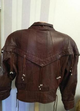 Шкіряна вінтажна куртка коричнева бахромой2 фото