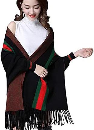 Жіноча шаль-пончо в стилі gucci, товста шаль, відкрита передня накидка з пашміни з китицею на осінь-зиму1 фото