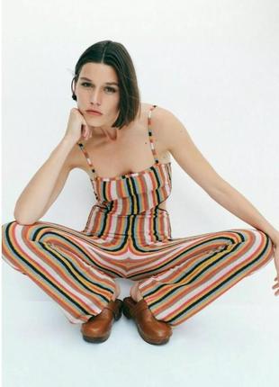 Zara комбинезон в полоску в стиле хиппи 60х яркий с вырезами по бокам5 фото