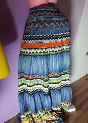 Длинная коттоновая юбка с орнаментом дживсинового цвета на резинке one size3 фото