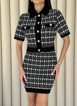 Элегантный женский комплект в стиле шанель стильный деловой костюм топ - кардиган + юбка мини в клетку1 фото