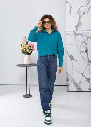 Стильная женственная рубашка укороченная рубашка с длинными рукавами и накладными карманами коттон8 фото