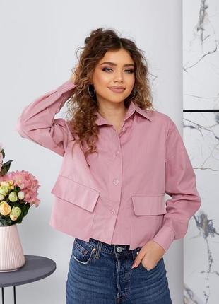 Стильна жіночна сорочка укорочена рубашка з довгими рукавами і накладними карманами котон8 фото