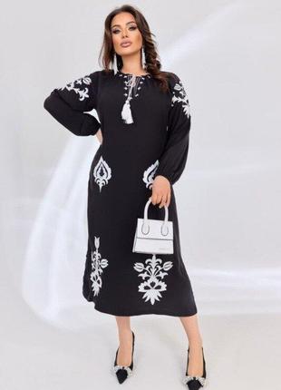 Етнічна сукня лляна плаття вишиванка вишита з обємними рукавами-буфами бавовняна сукня з вишивкою