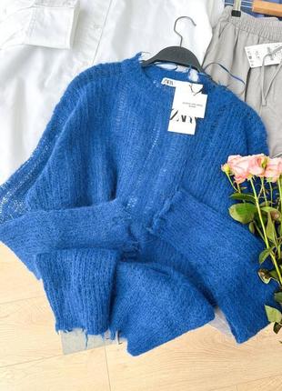 Синій светр павутинка з витягнутими петлями zаra,  альпака   шерсть2 фото