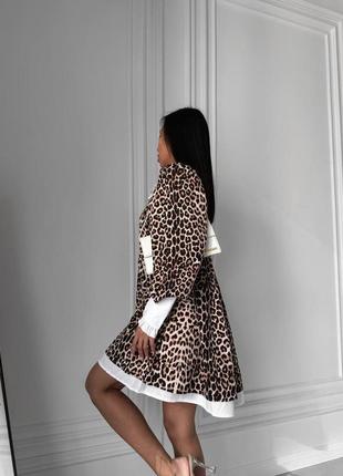 Платье с леопардовым принтом на длинный рукав свободного кроя с воротником качественная стильная трендовая коричневая черная2 фото