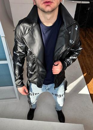 Черная мужская байкерская куртка с принтом, темная мужская косуха с карманами демисезонная