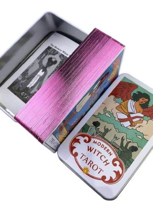 Карты таро современной ведьмы, розовый голографический срез, металлическая коробочка1 фото