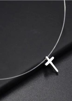 Чокер кулон хрестик срібло на силіконовій нитці ланцюжок застібка3 фото